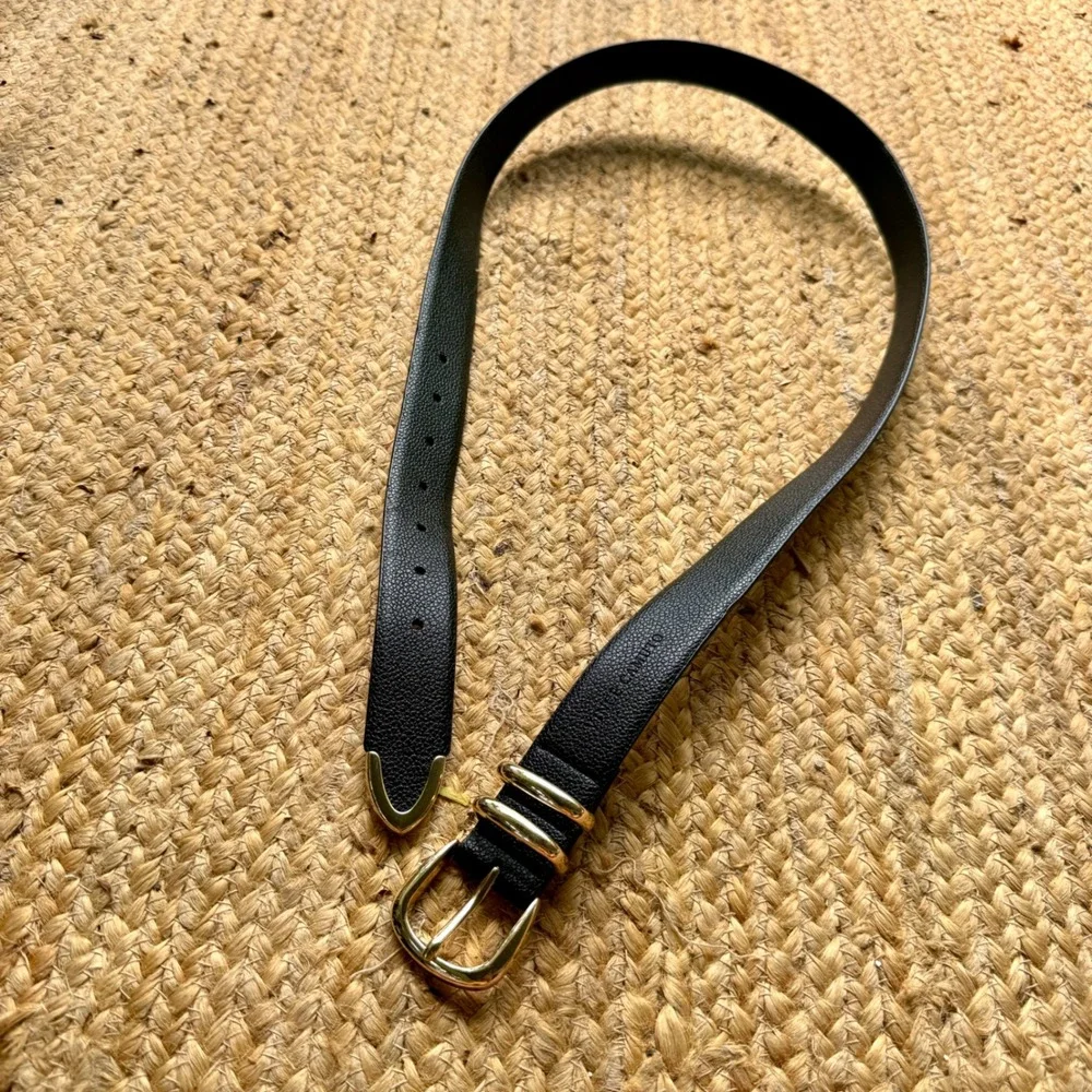 Vince Camuto Black Pebbled Belt Gold Hardware Metal Tip Size Large Western